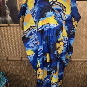Vintage Kalena fashions Hawaiian Tropical Blue and Yellow Floral Dress one sz